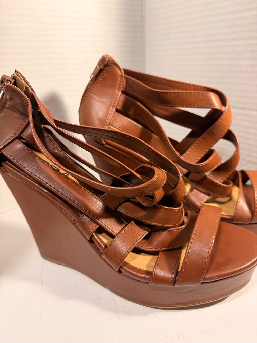 Women's Tan Strappy Wedge Sandals with Back Zipper